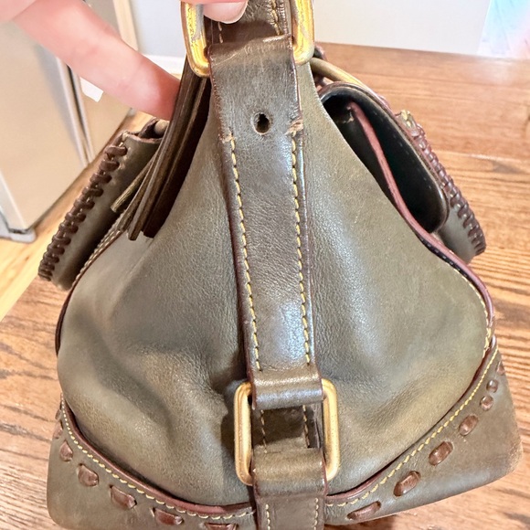 Dooney & Bourke Olive Leather Satchel with Burgundy Trim and Brass Hardware - Picture 5 of 13